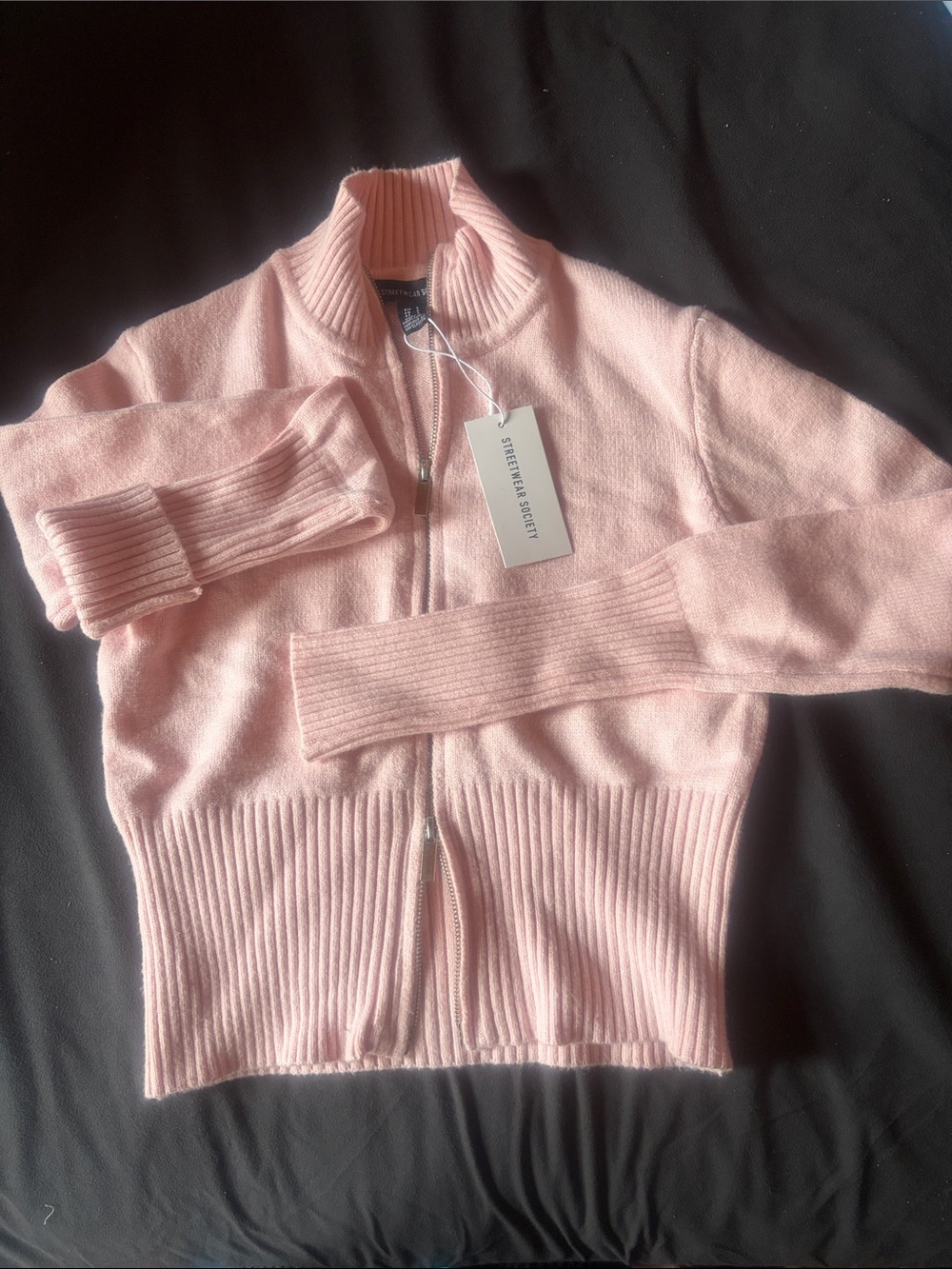Streetwear Society Light Pink Zip-Up Ribbed Cardigan - Picture 1 of 3